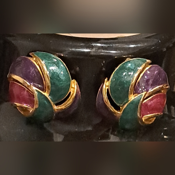 Jewelry - Vintage 1980's Rose, Teal and Purple Enamel Gold Tone Earrings